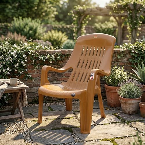 Image of Oaknest Unboxing Furniture Celloo Premium Plastic Relaxing Chair with Armrests | Ergonomic High-Back Lounge Seating for Home, Garden & Balcony (Sandalwood), Count of 1