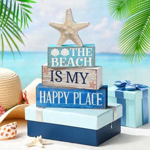 Image of Moucuny 4 Pcs Summer Table Decoration Beach Tiered Tray Decor Starfish Coastal Rustic Wooden Block Sign Gifts Blue and White Ocean Centerpieces Farmhouse Beach Nautical Decor for Home Shelf Mantel