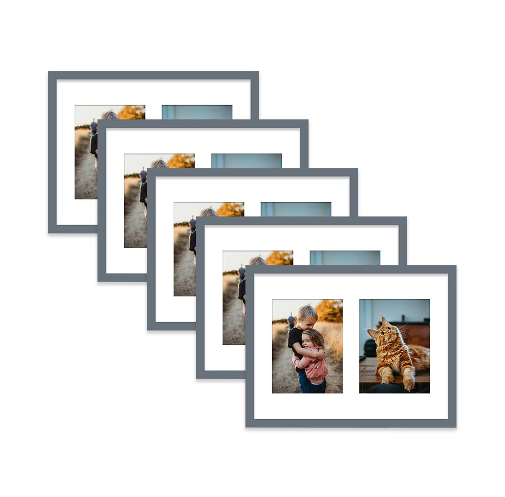 Grey Multi Photo Frame - Holds 2 x 8x6 Pictures, Family Collage Picture Frame for Wall Display, 16x12 Frame size, Set of 5