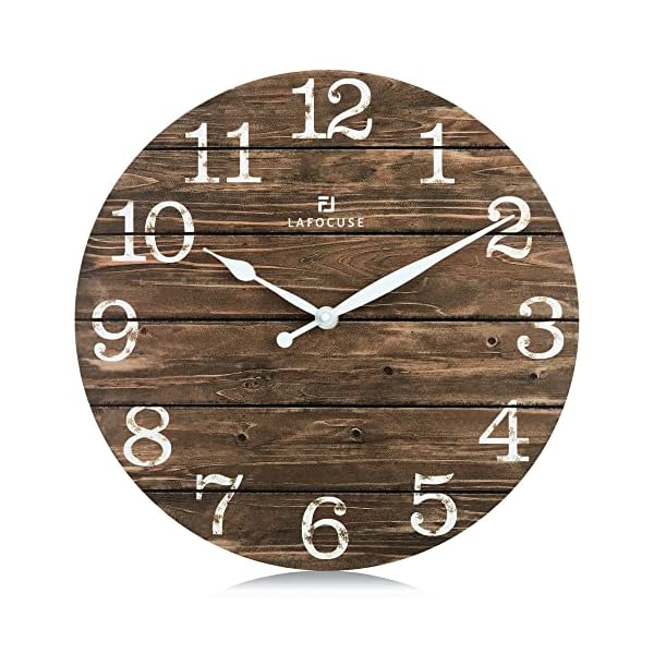 Lafocuse 12 Inch Rustic Farmhouse Wooden Wall Clock Silent Non Ticking,Battery Operated Vintage Shabby Chic Distressed Retro Brown Clock Decorative for Living Room Kitchen Bedroom Office