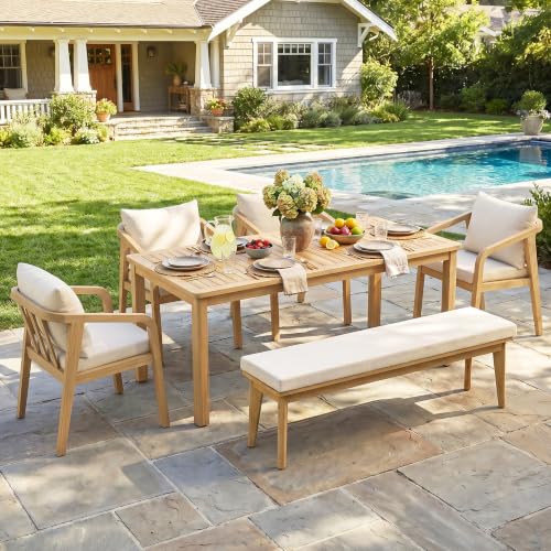 Wisteria Lane 6-Pieces Acacia Patio Table and Chairs Set for 6, Outdoor Dining Set with Umbrella Hole Table, Modern Patio Table Set with Cushion, Patio Furniture Set for Backyard Deck Garden