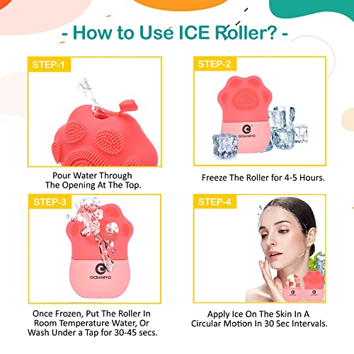 Image of OCEANEVO Silicone Facial Ice Roller , Ice Roller for Face With Bristles, Ice Cube Roller Massager for Face and Eye Puffiness Relief - 11 cm x 7 cm - Pink