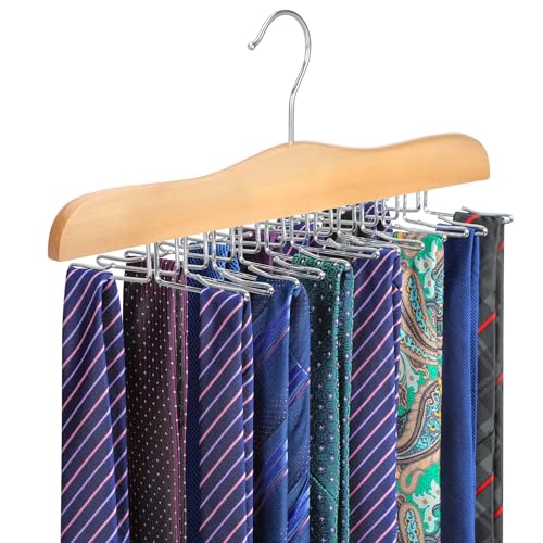 TOPIA HANGER Tie Rack Hanger for Closet Wooden Tie Organizer for Men with 24 Folding Hooks Space Saving Necktie Holder for Storage and Display Bra Tank Top Camisole (1-Pack) Natural- CT14N