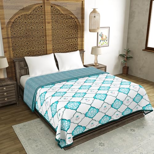 Image of BLOCKS OF INDIA 100% Cotton Dohar King Size Reversible Hand Block Printed Malmal Summer Dohar /Blanket (MUGHAL Turquoise)