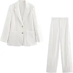 Conjunto de blazer e calça reta de mistura de linho, branco, terno feminino minimalista