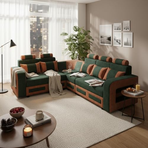 Image of APRODZ Solid Wood 6 Seater Sofa Set Velvet Fabric Sectional L Shaped Sofa for Home Office Guests Living Room Cushioned Seating for Home & Lounge Use (Green & Brown)