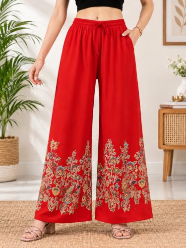 Image of Women's Rayon Bird Flower Print Loose fit Palazzos Pants Free Size 28 to 40