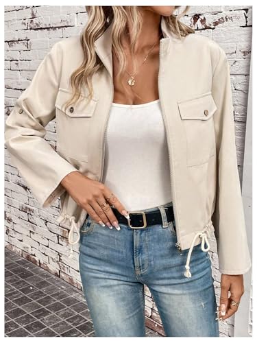 Verdusa Women's Roll Up Sleeve Full Zip Jacket Casual Mock Neck Outerwear with Pockets4