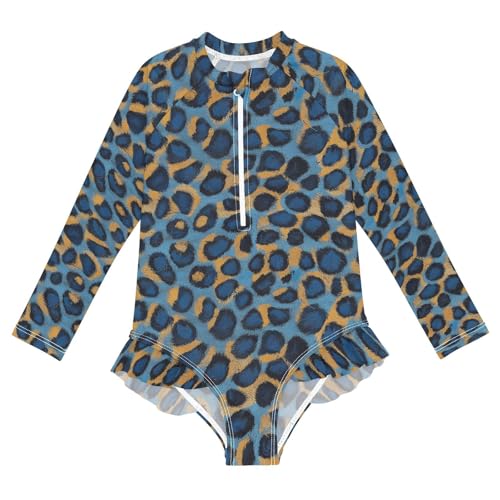 Girls Swimsuit Leopard Skin Blue Long Sleeve One Piece Bathing Suit for Kids UPF 50+ Rash Guard Swimwear 3-12