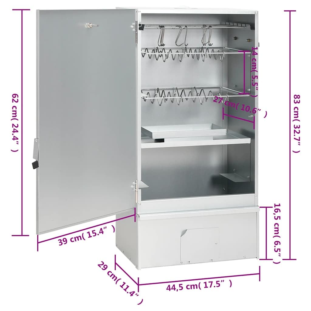 vidaXL Horno ahumador astillas Madera Acero galvanizado 44,5x29x83 cm, ahumador, Barbacoa de jardín, ahumador de jardín, Parrilla ahumador