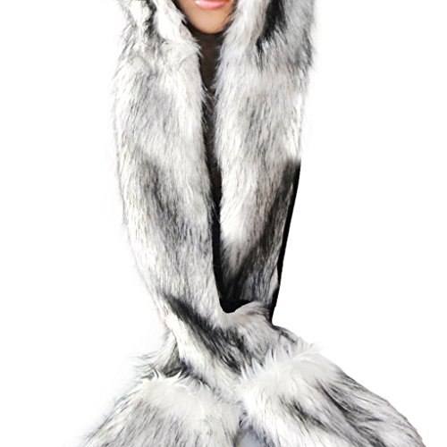 Winter Animal Hat Faux Fur Hooded Scarf Cute Furry Ears Paw Gloves Pocket Hoodie Beanie Cap Party Costume for Women Girls3