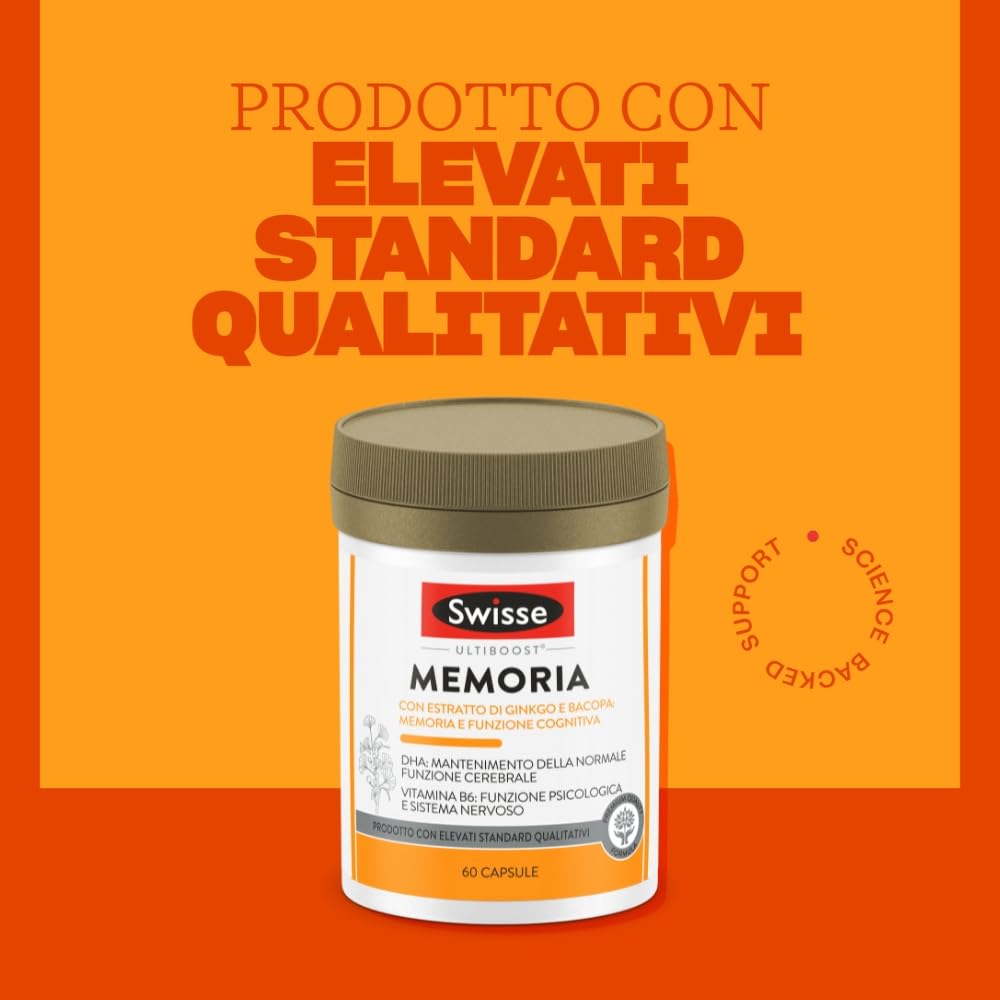 SWISSE Ultiboost- Integratori Memoria con Bacopa Monnieri e Ginkgo Biloba per Mantenimento Funzione Cognitiva, Integratore con DHA per Supporto Normale Funzione Cerebrale, Made in Italy, 120 Capsule