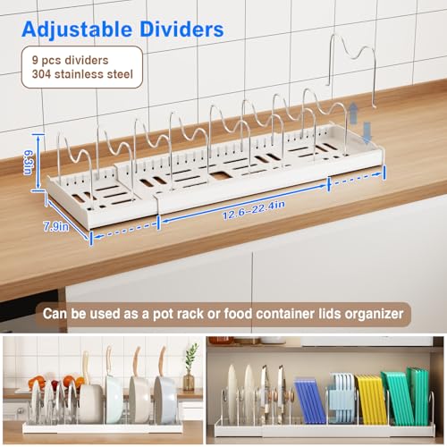 Image of Mustorn Pots and Pans Organizer Under Cabinet, 22 inch Expandable Food Storage Container Lid Organizers with 9 Adjustable Dividers Pot and Pan Lid Holders Rack Inside Cabinet /Countertop (White, 2 Pack)