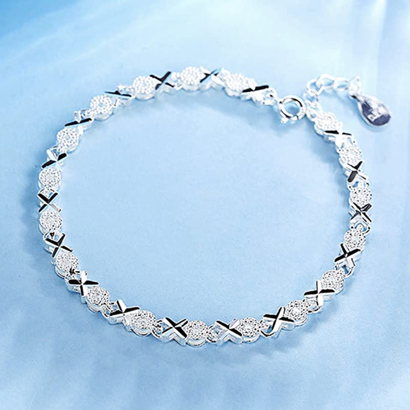 SUKKCCNO 925 Sterling Silver XO-Link Bracelet Hugs and Kisses Beaded Expandable Bangle Classic Bling Cubic Zirconia Tennis Bracelet Bangles for Women 6 to 7 in 5