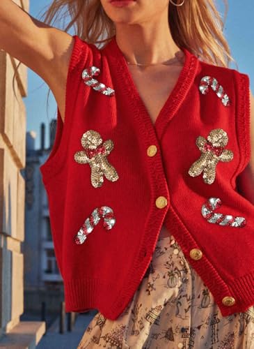 Image of Women Christmas Knit Vest Top Santa Embroidery Sleeveless Button Down Sweater Vest Xmas Snowman Cardigans Tank Top