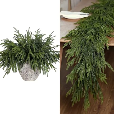 YXZZWL 16 Pcs Norfolk Pine Branches-18 & 9 FT Real Touch Norfolk Pine Garland for Holiday Fireplace Mantle Window Indoor Outdoor Decor Cover