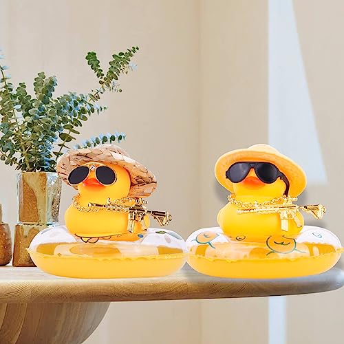 CoFuBcad Car Rubber Duck Ornament Cowboy Duck Car Dashboard Decoration Accessories with Mini Swim Ring Cowboy Hat Necklace Sunglasses and Cool Accessory(C17-Yellow Sun Hat)