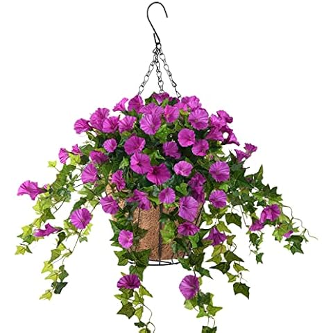 Homsunny Artificial Vine Silk Petunia Flowers,Hanging Plant in Basket, Coconut Lining Basket Hanging Plant for Patio Lawn Garden Decor (Purple) Cover