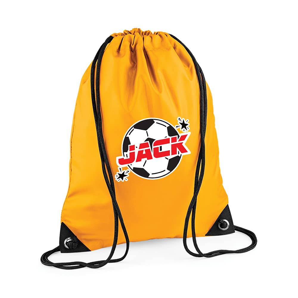 Getagift Personalised Back to School, Football/Soccer Ball Fan, Sports Player Kick Off Goal Score Gift for Boy Toddler Drawstring Bag, PE Gym Kit School, Swimming, PE Kids Sport Rucksack. (Gold)