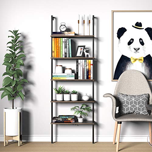 Ladder Shelf Bookshelf, 5 Tier Wall-Mounted Industrial Ladder Bookcase, Open Wood Storage Organizer with Metal Frame, Utility Rack Plant Stand for Living Room, Kitchen, Office