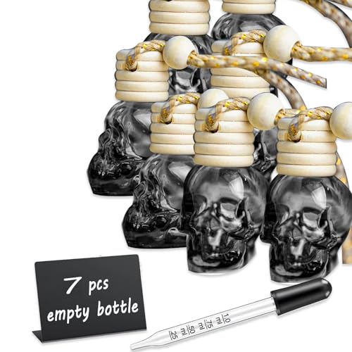 Image of 7 Pcs 8ml Hanging Car Air Freshener Diffuser,Empty Black Gradient Glass Essential Diffuser Oil Aromatherapy Fragrance Perfume Pendant Glass Vials with Wooden Caps (Skull, 8ml)