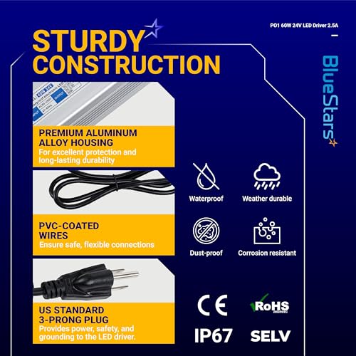Image of 60W 24V LED Power Supply Driver 2.5A with US Standard 3-Prong Plug by BlueStars - AC 100-260V to 24V DC Constant Voltage Transformer IP67 Waterproof for LED Strip Lights Indoor & Outdoor