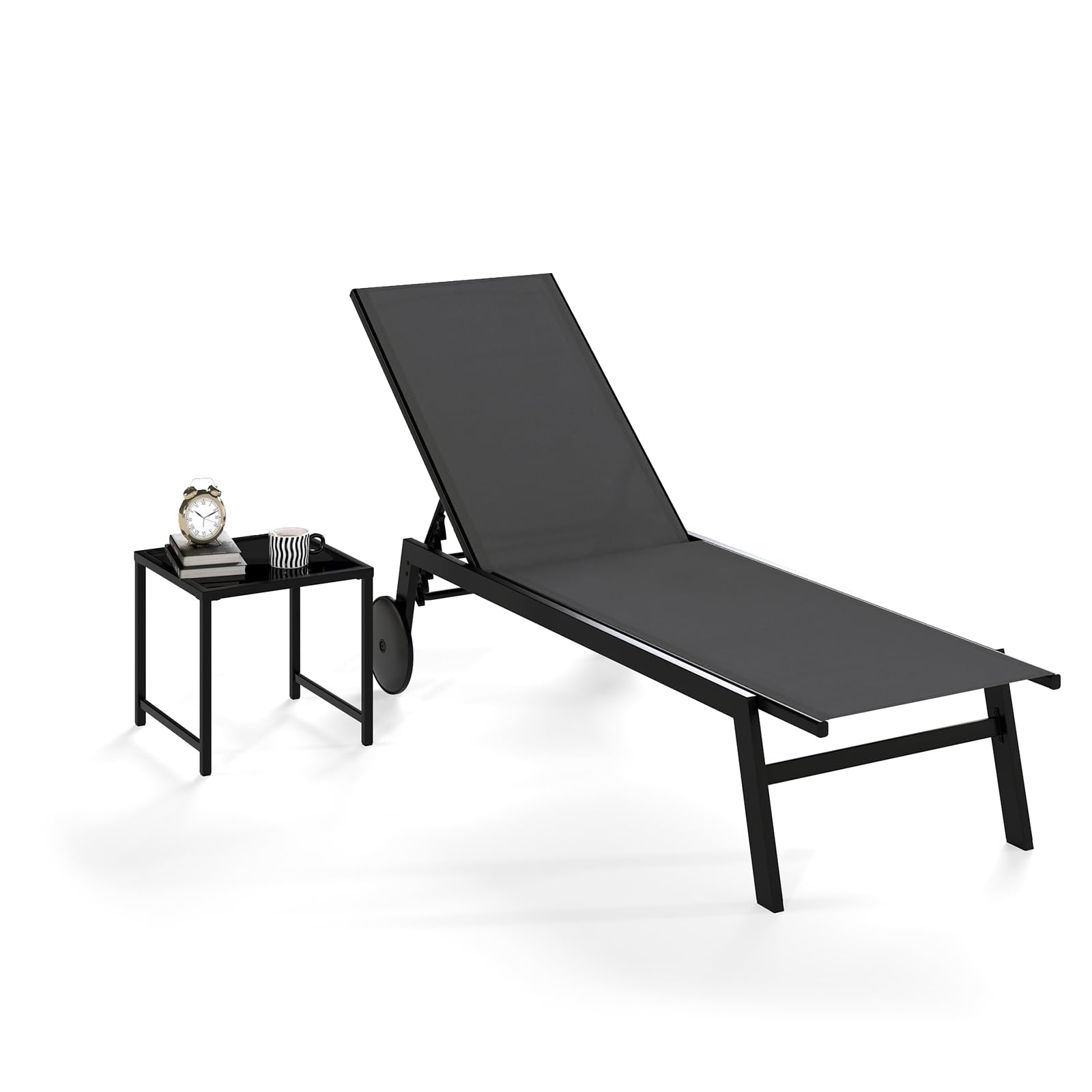 COSTWAY Lettino Prendisole da Giardino con Tavolino, Schienale Rgolabile 5 Livelli, 2 Ruoti, Sdraio da Patio in Tessuto Traspirante, per Piscina Terazza, Portata 150+50 kg (Grigio)