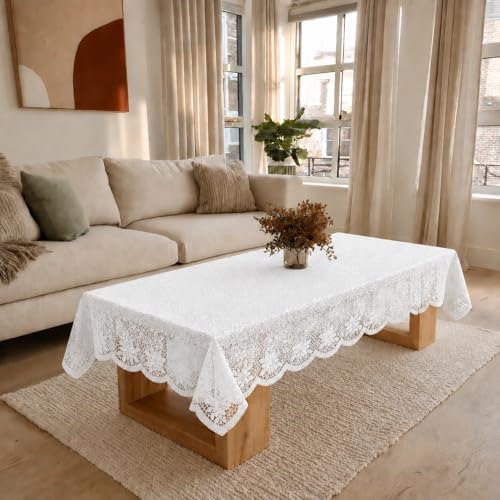 Image of Cotton Net Embroidered Center & Dining Table Cover for 4 Seater | Rectangular 40x60 Inch | Lightweight & Washable Table Cloth | Pack of 1 (Jasmine White)