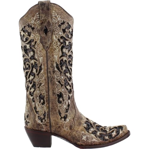 Corral Boots Womens Sequin Tooled Inlay Snip Toe Pull On Dress Boots Mid Calf Mid Heel 2-3' - Brown - Size 8 B