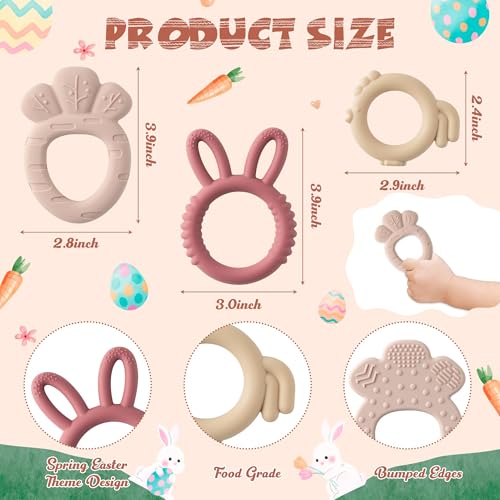 Image of Easter Silicone Teethers for Babies - 2ooya 2Pcs Bunny Chick Carrot Infant Teething Chew Toys, Toddler Sore Gums Pain Relief Toy for Newborn Boy and Girl Spring Easter Baby Shower Birthday Gifts