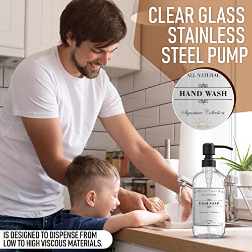 Image of Sunrise Premium 2 Pack Clear Glass Soap Dispenser 16 OZ with Matte Black Stainless Steel Pump, Hand and Dish Soap Dispenser Set for Bathroom and Kitchen Sink with 6 Waterproof Labels