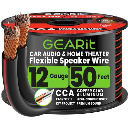 GEARit 12 Gauge Speaker Wire - 50ft, Flexible Speaker Cable with Polarity Markings & Foot Markers, 12/2 Conductor Audio Cable for Home Theater, Car Audio Stereo, HiFi Surround Sound, 12AWG CCA(Black)