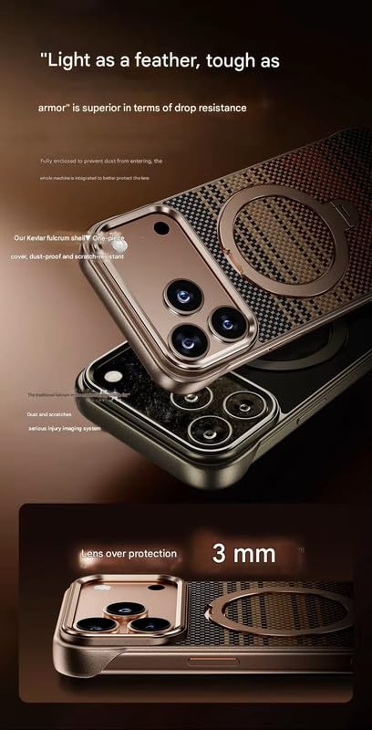 Image of Frameless Aramid Kevlar Textured Phone Case Compatible with iPhone 17 Pro Max Carbon Fiber Textured Magnetic Phone Case with Rotation Ring - Black