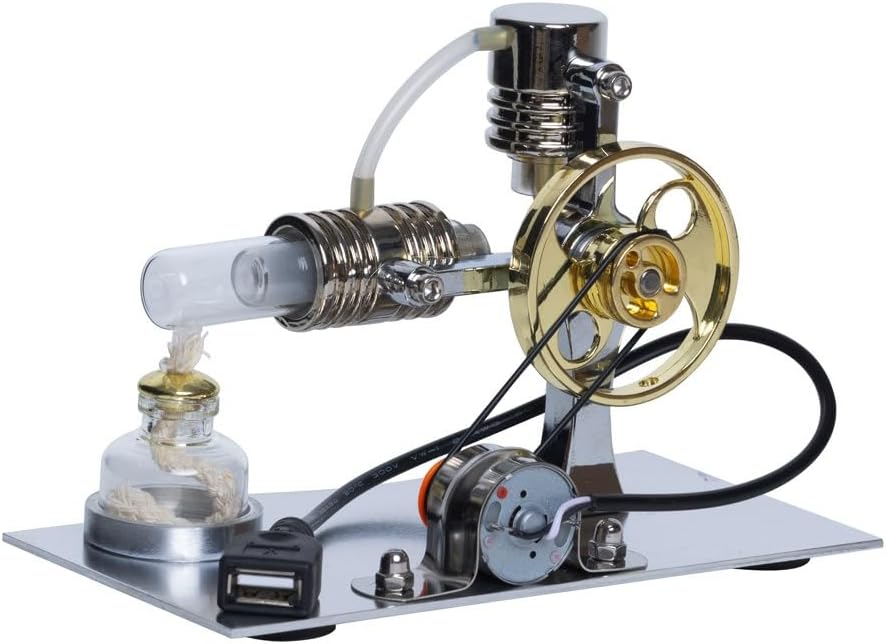 Hot Air Stirling Motor Power Generator Alpha Engine DIY Model with LED Lights Kit Teaching Stirling Engine Kit for Adults Desktop Educational (E)