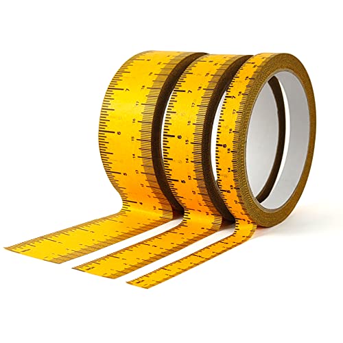EDSRDRUS 3 Pack Ruler Tape 1/2, 1, 1-1/2 inch Masking Tape Measure, Repeating 12inch Imprint Adhesive Tape Measure, No Residue & Waterproof Ruler Tape for Painting, Sewing & DIY (Yellow)