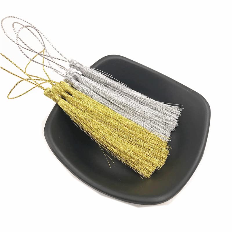 QUNINE 50 Pz 8mm Nappa in Filo d'oro e Argento Accessori per Gioielli Fai da Te Decorazione Regalo Nappa/Segnalibro/Abbigliamento/Nappa per Tende-13cm,Argento (Oro 13cm)