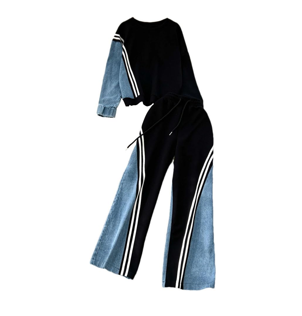 Women Loose Casual Denim Spliced 2 Piece Set with O Neck Long Sleeve Hooded Top and Straight Wide