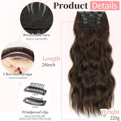 Image of KooKaStyle Wavy Thick Clip in Hair Extensions 24 inch Dark Chocolate Brown | Natural Volume & Seamless, 4 Pieces Clip in Extensions,Fiber Double Weft Hairpieces,Wave Long Synthetic Hairpiece for Women