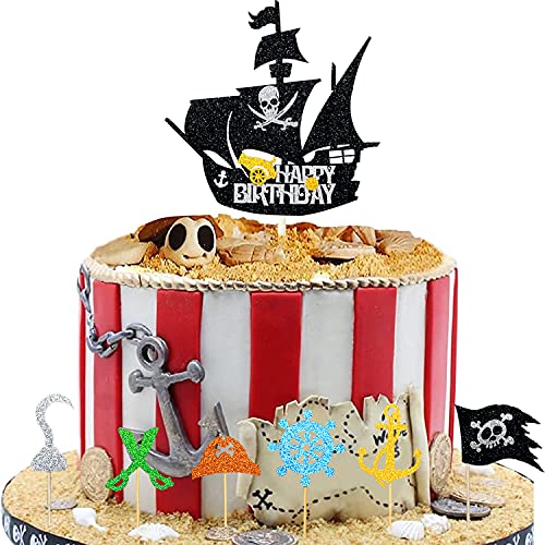 31 Pieces Pirate Ship Happy Birthday Cake Topper And Pirate Themed Cupcake Toppers Set For Kids Nautical Sailing Treasure Themed Birthday Party Decorations Supplies #TOP12