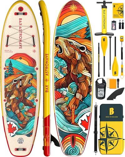 BAX ASTRONAVE Inflatable Stand Up Paddle Board for Adults-11ft Extra Wide Fishing Paddleboard Ultra Stable Standup SUP with Accessories Backpack,Pump,Ankle Leash,Upgraded Fins(Yellow, 11'×35‘’)