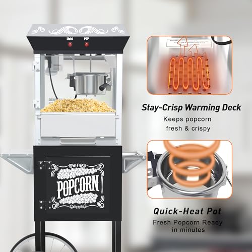 Image of Popcorn Machine with Cart & Wheels - Popcorn Maker Machine with 6OZ Stainless Steel Kettle, Pop corn Machine Maker for Home, Parties, Movie Theater, Black
