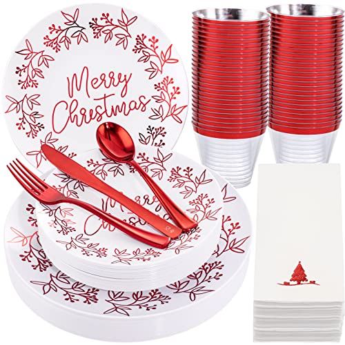 Hioasis 175pcs Christmas Plastic Plates - White And Red Plastic Plates with Red Garland include 25Dinner Plates-25 Salad Plates-25 Knives-25 Forks-25 Spoons-25 Cups-25 Napkins for Christmas Party Hioasis 175pcs Christmas Plastic Plates - White And Red Plastic Plates with Red Garland include 25Dinner Plates-25 Salad Plates-25 Knives-25 Forks-25 Spoons-25 Cups-25 Napkins for Christmas Party
