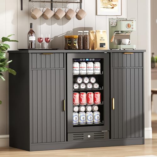 Lamtor Coffee Bar Cabinet with Storage - 53' Mini Fridge Cabinet with Power Outlet, Fluted Wine Bar with Drawer & Door Storage for Kitchen Dining Room, Black