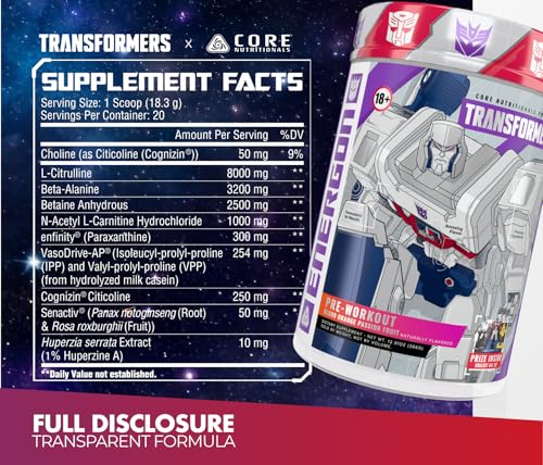 Image of Core Nutritionals Transformers Energon Pre Workout | 300mg Paraxanthine | No Crash Energy & Focus | Free Prize Inside - Optimus Prime | 20 Servings (Mixed Berry Kiwi)