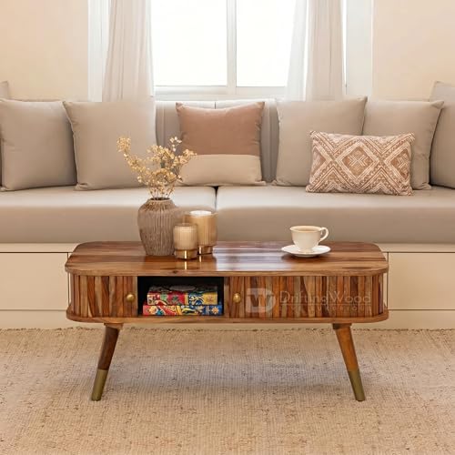 Image of DRIFTINGWOOD Travor Solid Sheesham Wood Coffee Table with Storage | Center Table for Living Room | Tea Table with Sliding Doors and 2 Compartments | Natural Finish