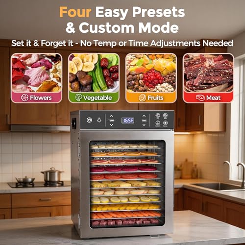 Image of Suteck 800W Food Dehydrator with 12 Trays for Jerky, Fruit, Veg, Meat | Stainless Steel, 4 Presets, Strong Dual Fans & 360 Airflow, 85F-195F, 24H Timer, Built-in Light, Quiet