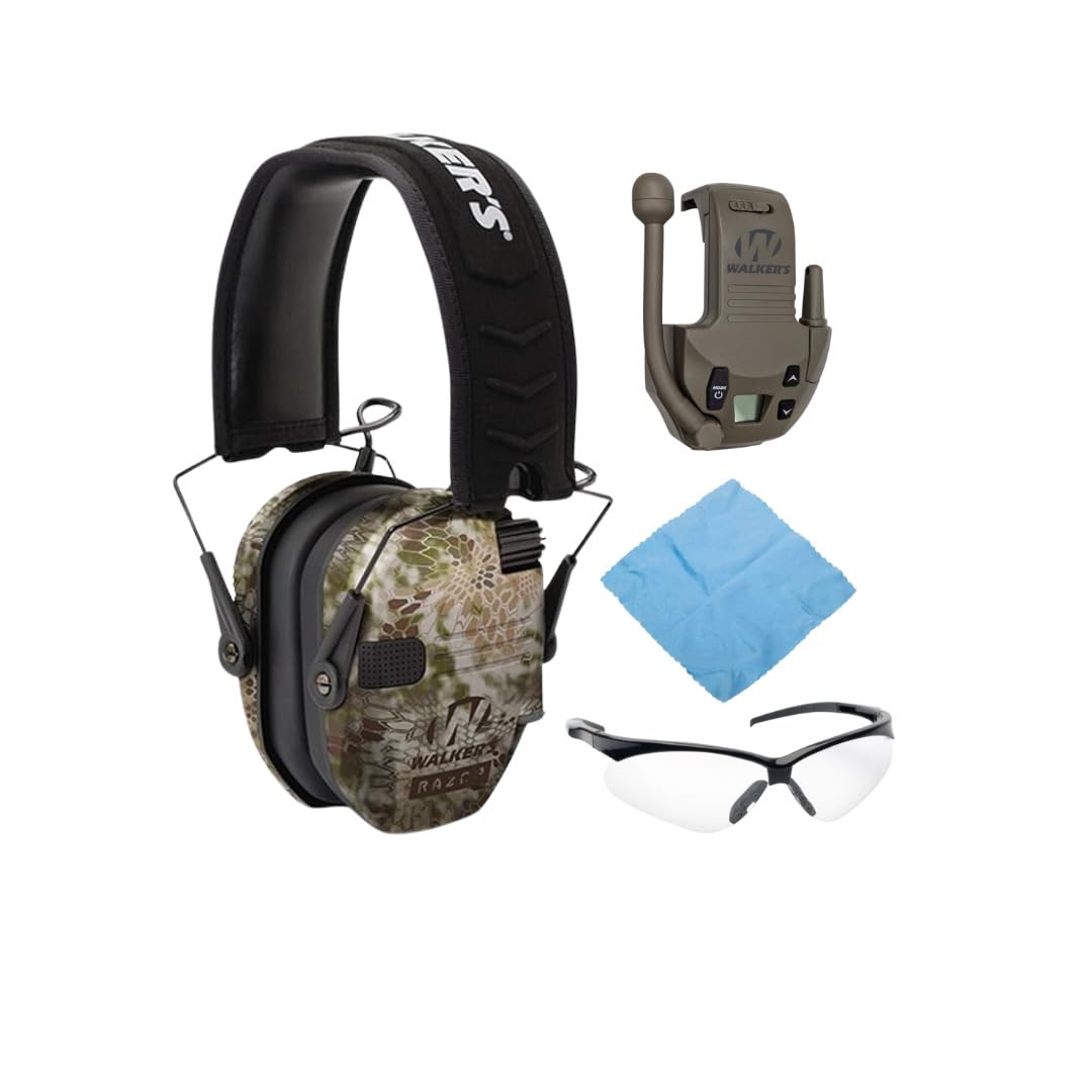 Walker's Razor Slim Electronic Muff (Kryptek Camo) Bundle Razor Walkie Talkie Attachment (Olive Drab Green), Sport Glasses (Clear), and Microfiber Cleaning Cloth (4 Items)