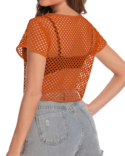 Image of Womens Sheer Mesh Top Fishnet T Shirts Short Sleeve See Through Casual Crop Tops