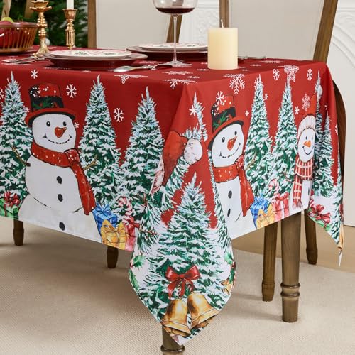 Romanstile Red Christmas Tablecloth, Printed Winter Snowman and Xmas Tree Design Rectangle Table Cloths, Holiday Decorative Stain-Resistant Table Covers for Dining Room Party Decor - 60 x 84 Inch – Image 3