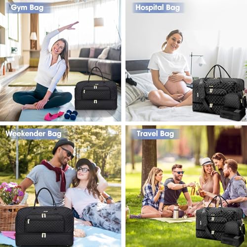 Foto de Bolsa de viaje grande para mujer, bolsa de mano para llevar en la noche, bolsa de viaje de fin de semana con bolsillo húmedo, artículos de tocador para fin de semana, Z-negro-3 piezas, Bolsa de viaje (imagen 7)